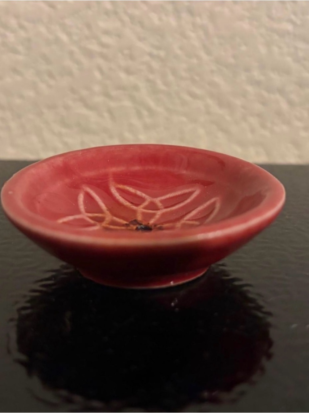Red Ceramic Accent Dish with Floral Carved Motif